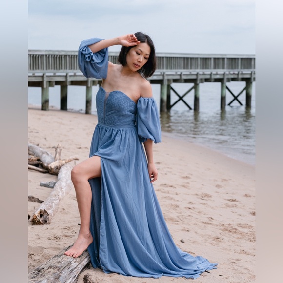 OFF SHOULDER TWO PIECE DETACHED CORSET BLUE PROM PHOTOSHOOT STRAPLESS SLIT DRESS - Picture 11 of 11